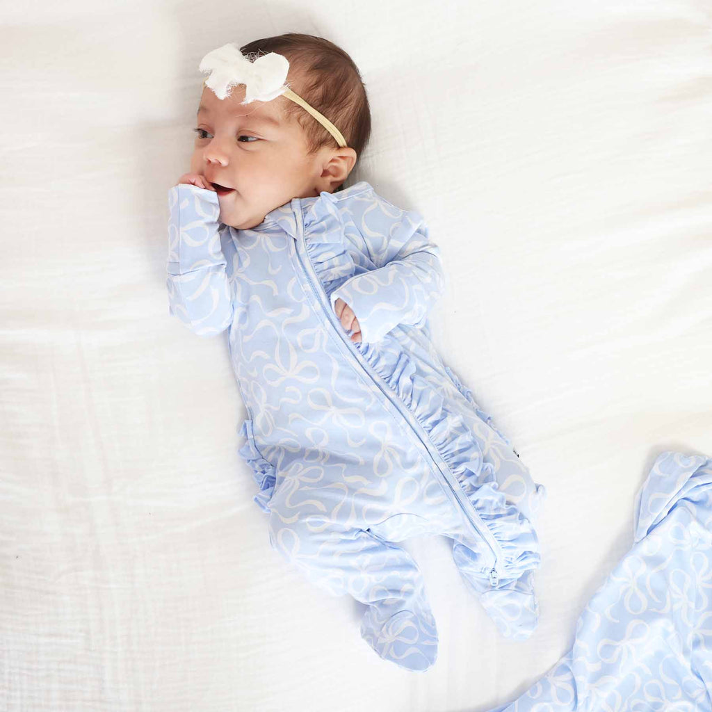 Blue-tiful Bows Ruffle Zipper Footie
