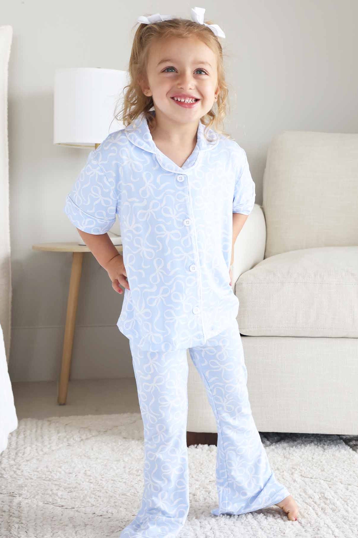 Girl's Two Piece Flare Lounge Set | Blue-tiful Bows