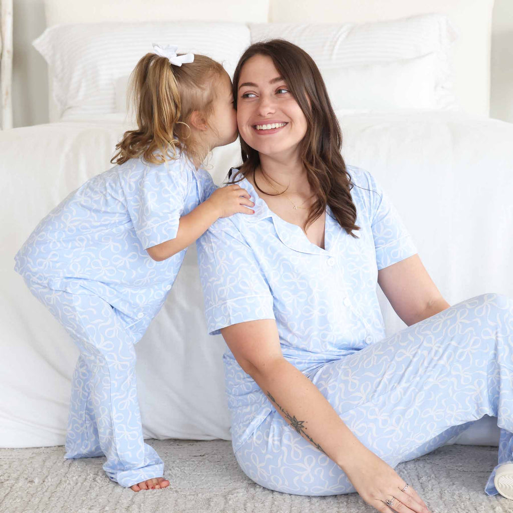 Girl's Two Piece Flare Lounge Set | Blue-tiful Bows