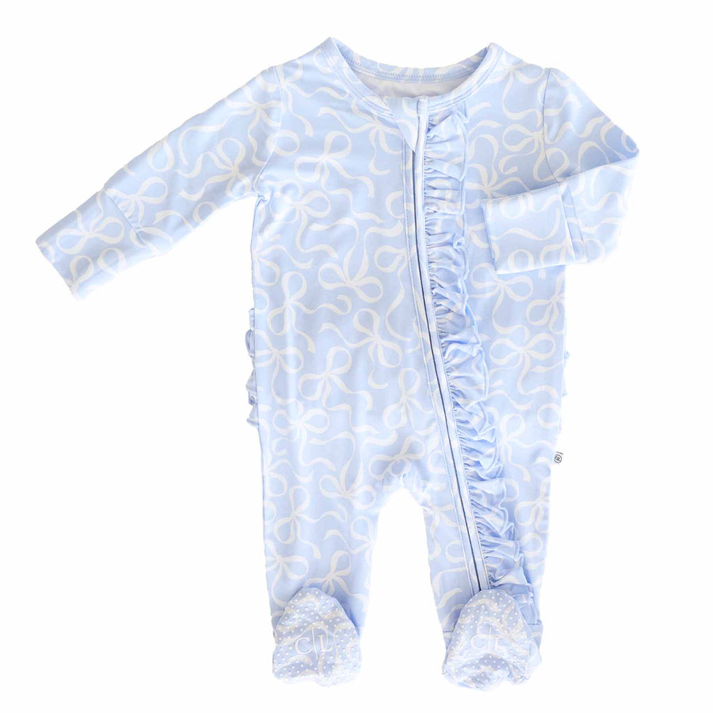 Blue-tiful Bows Ruffle Zipper Footie