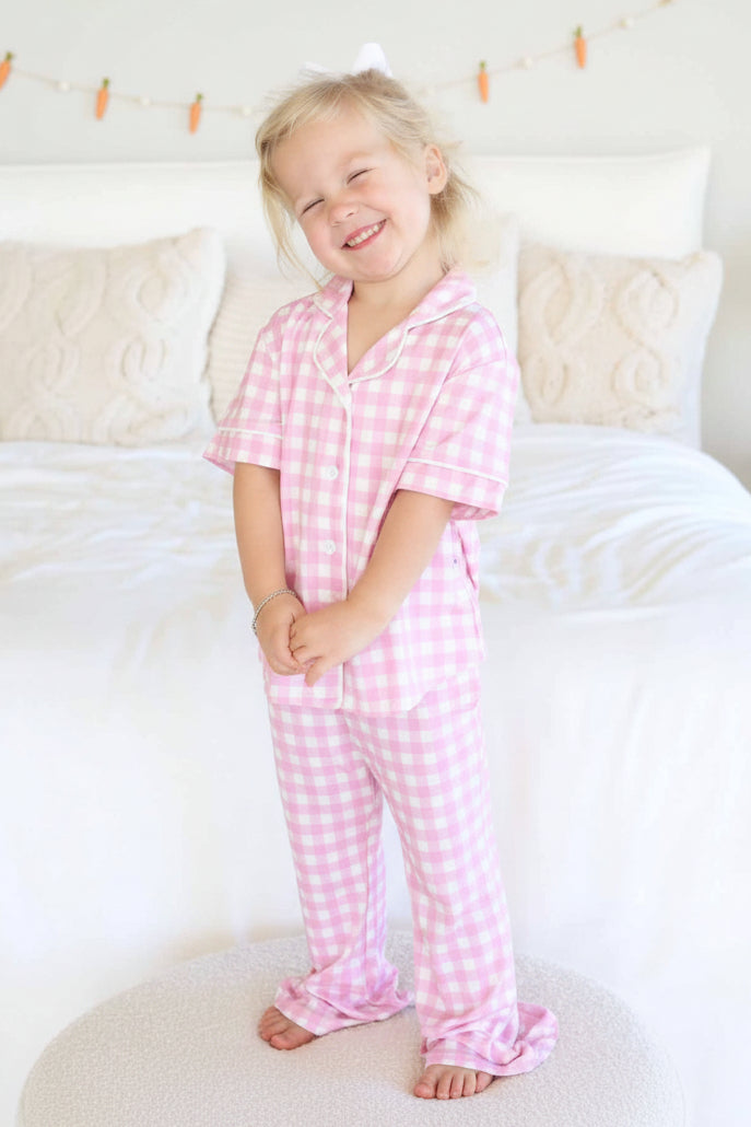 Girl's Two Piece Flare Lounge Set | Pink Gingham