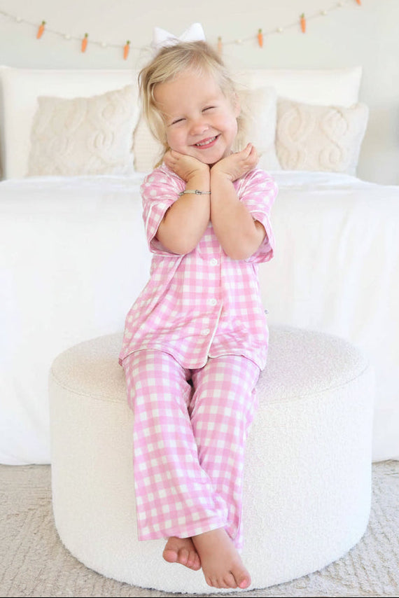 Girl's Two Piece Flare Lounge Set | Pink Gingham