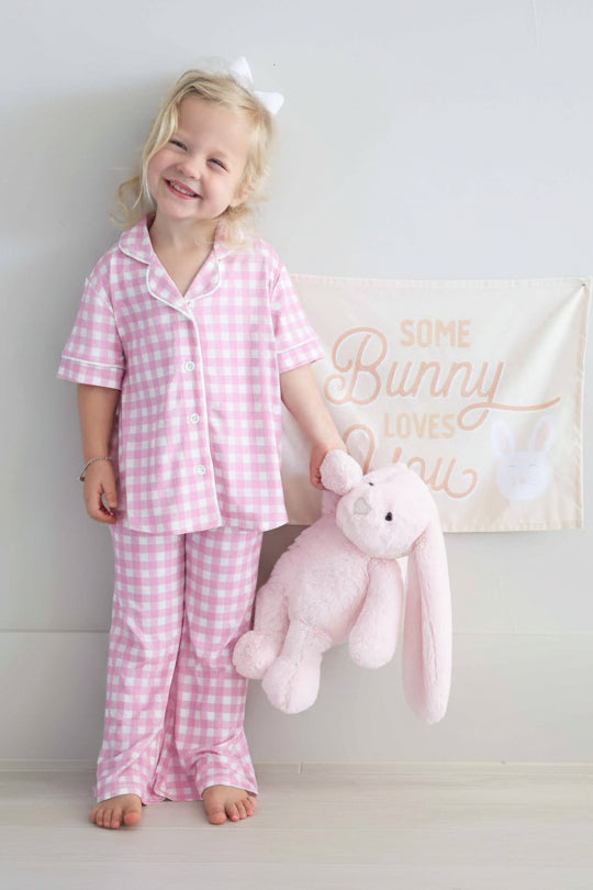 Girl's Two Piece Flare Lounge Set | Pink Gingham
