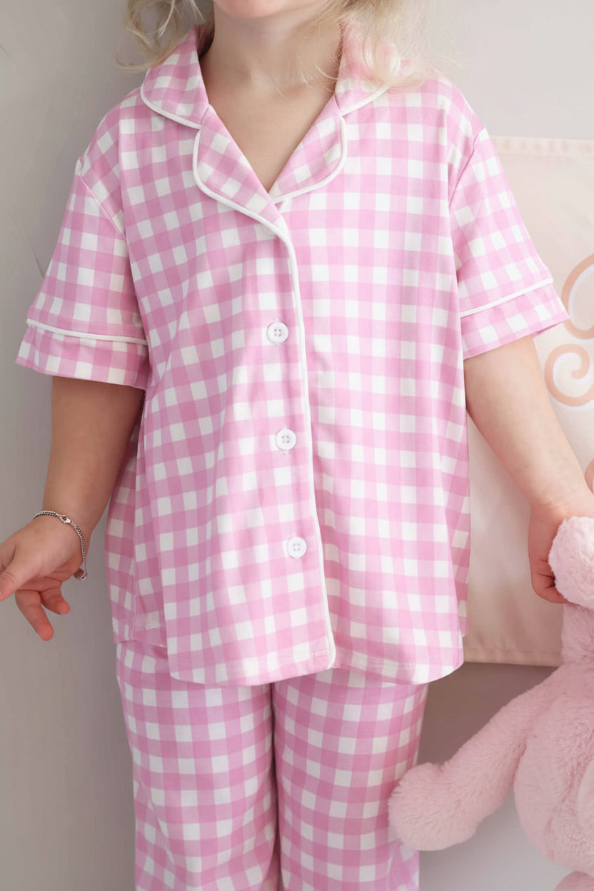 Girl's Two Piece Flare Lounge Set | Pink Gingham