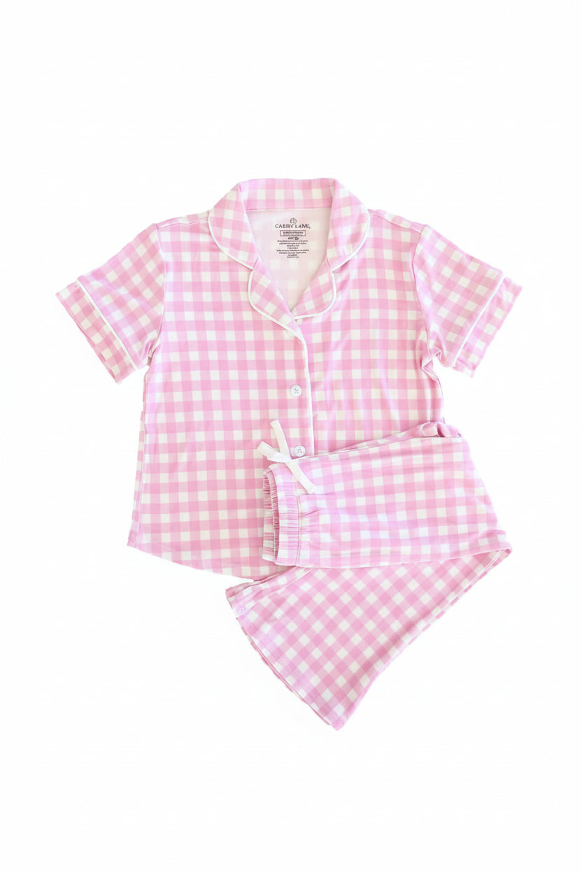 Girl's Two Piece Flare Lounge Set | Pink Gingham