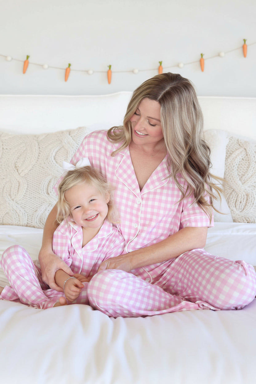 Girl's Two Piece Flare Lounge Set | Pink Gingham