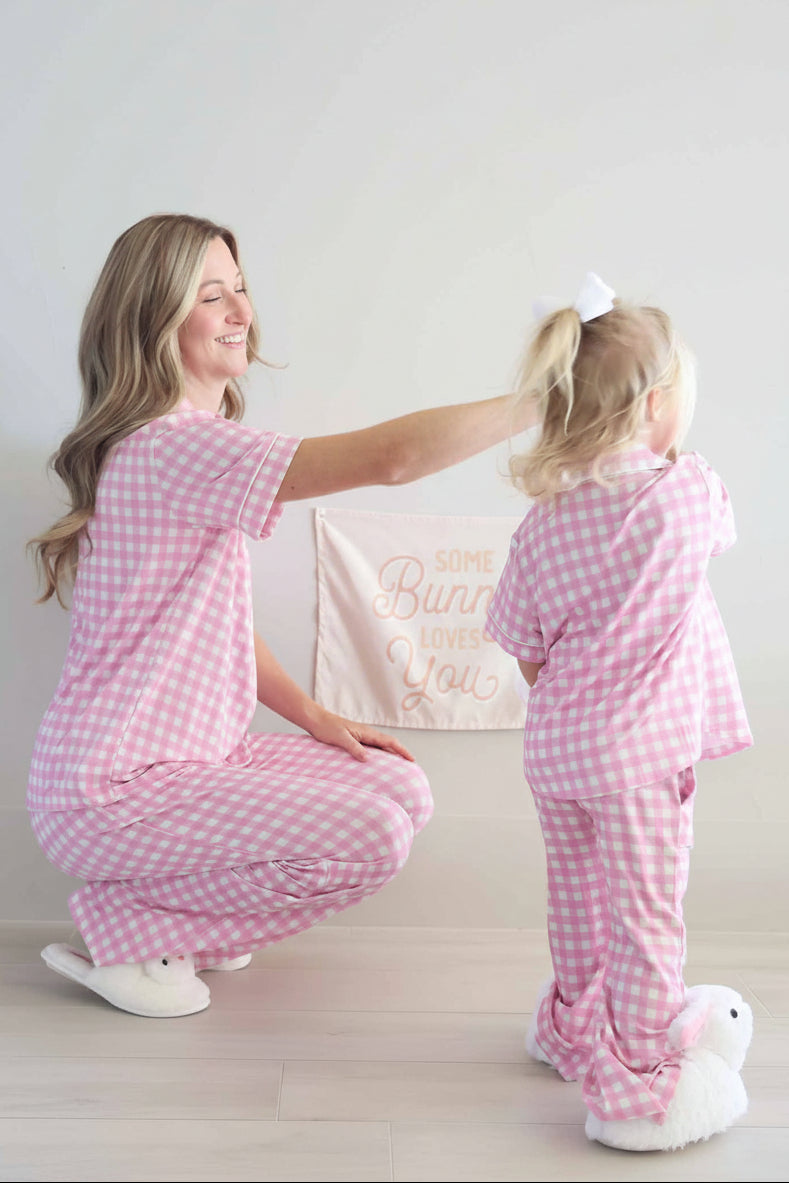 Girl's Two Piece Flare Lounge Set | Pink Gingham