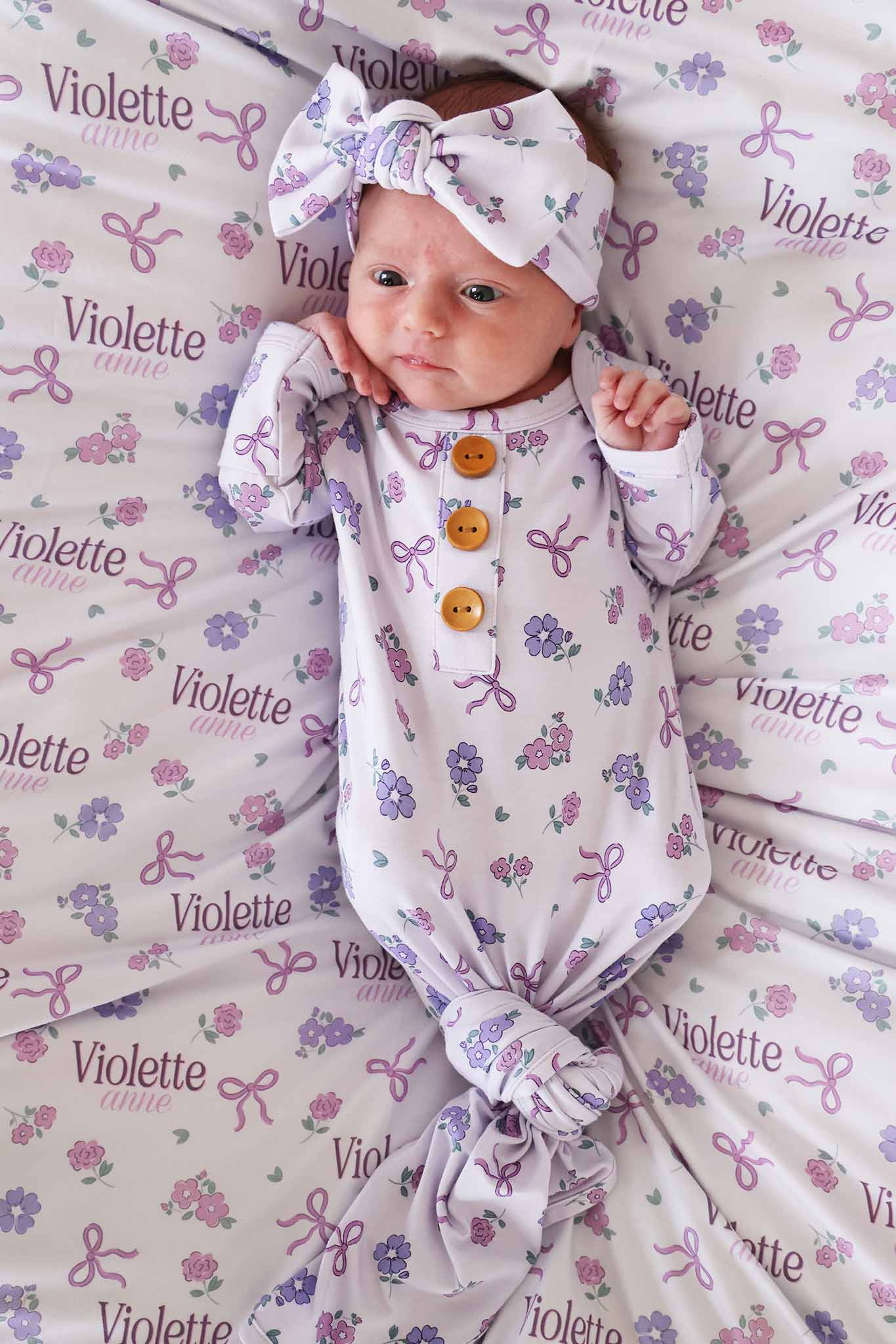 Ribbon & Roses Newborn Baby Knot Gown & Hat Set | Purple